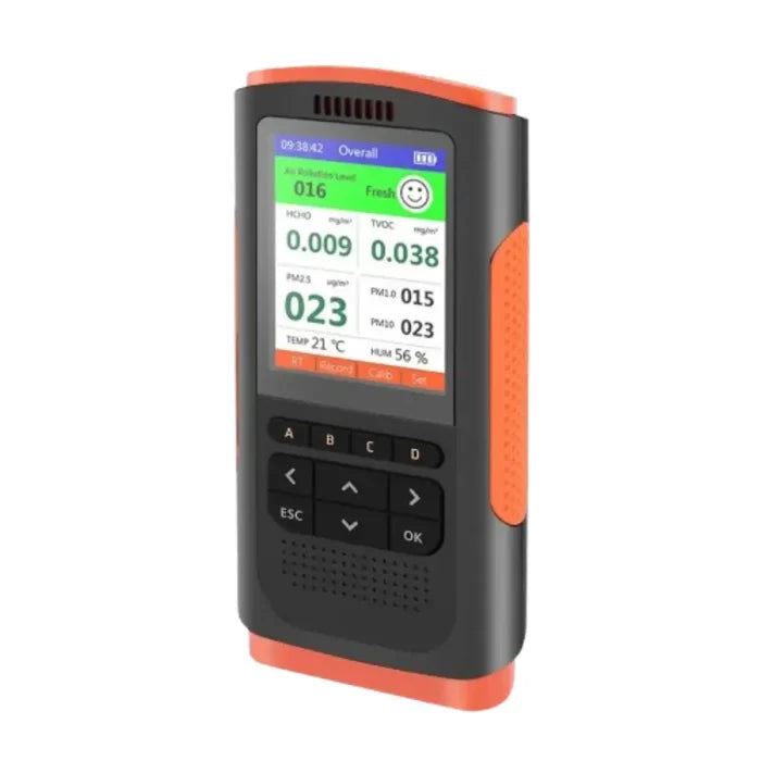 Habicare HBC air quality monitor and formaldehyde detector showing digital display and sensor readings.