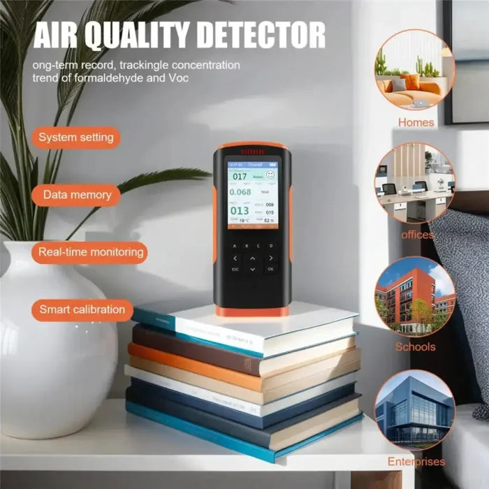 Habicare HBC air quality monitor and formaldehyde detector displaying digital readings and sensor indicators.
