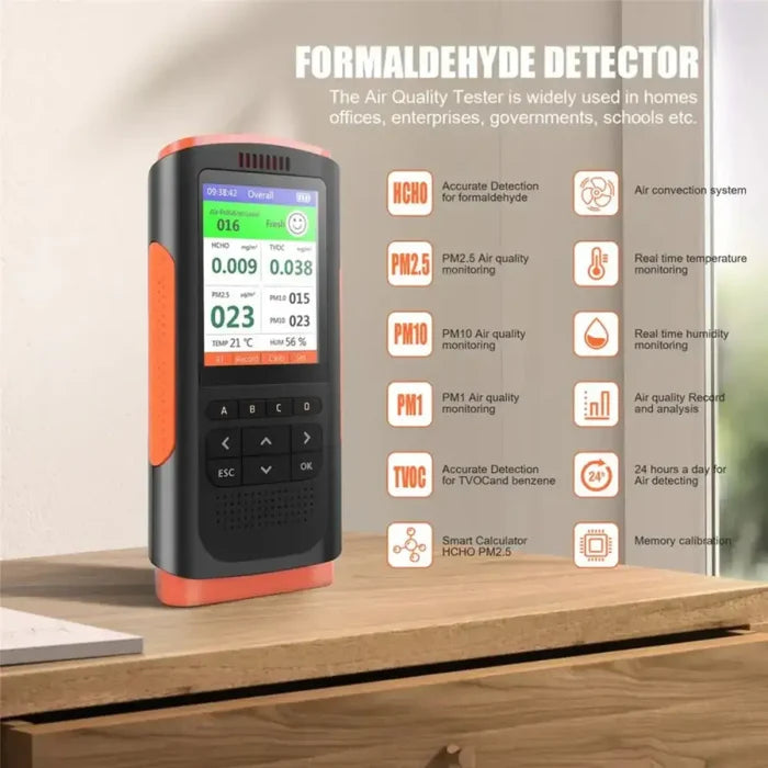 Habicare HBC formaldehyde detector and air quality monitor displaying digital readings and sensor icons.