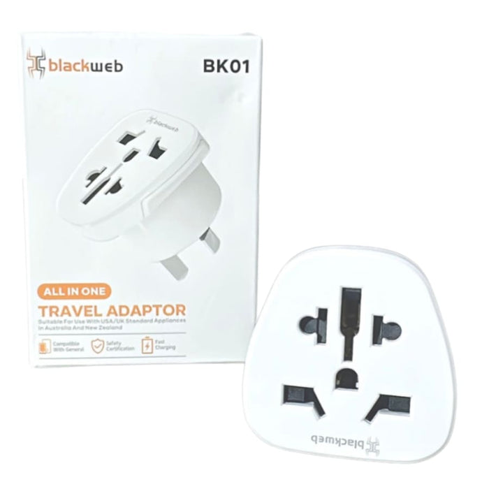 Blackweb All-In-One Travel Adapter BK01 wall plug for USA, UK, NZ, and AUS outlets, compatible with various electronic devices.
