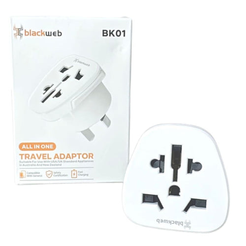 Blackweb All-In-One Travel Adapter BK01 wall plug for USA, UK, NZ, and AUS outlets, compatible with various electronic devices.