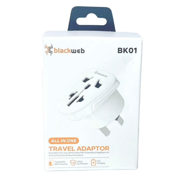 Blackweb All-In-One Travel Adapter BK01 wall plug for NZ and AUS, compatible with USA and UK outlets, electronics accessories.