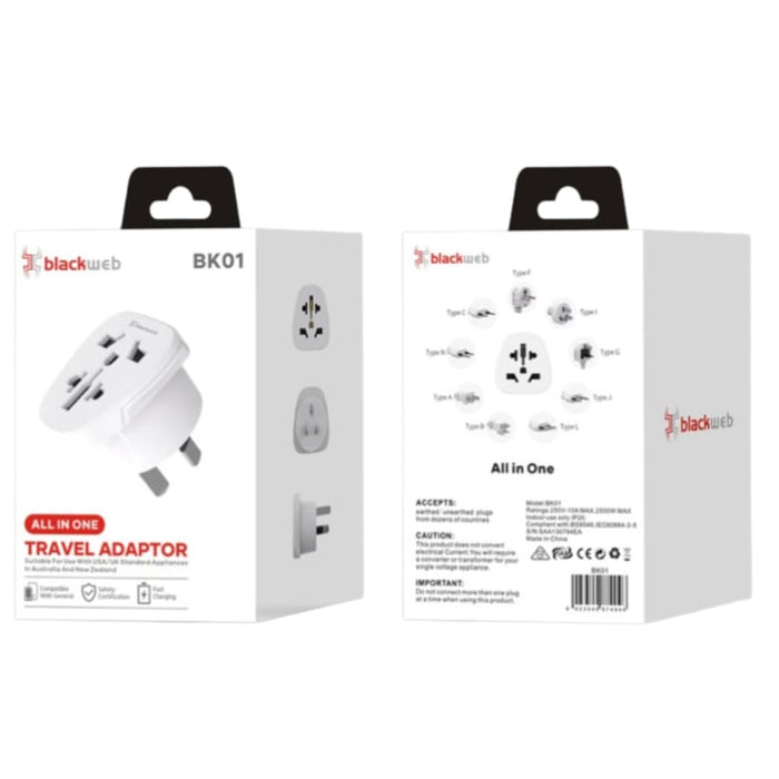 Blackweb All In One Travel Adapter BK01 wall plug for NZ and AUS, compatible with USA and UK outlets, electronic travel accessory.