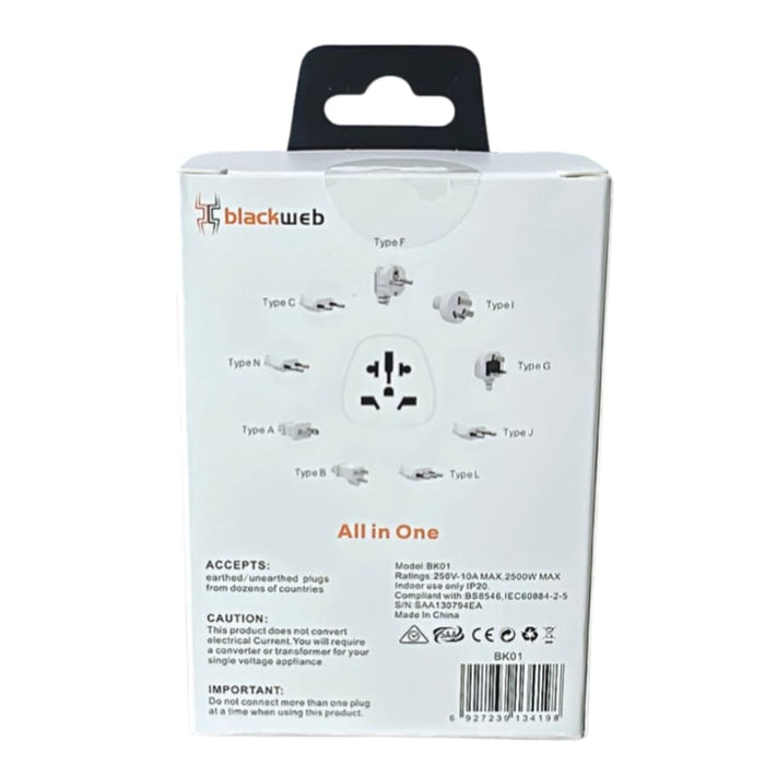 Blackweb All-In-One Travel Adapter BK01 wall plug for USA, UK, NZ, and Australia, suitable for electronics accessories.