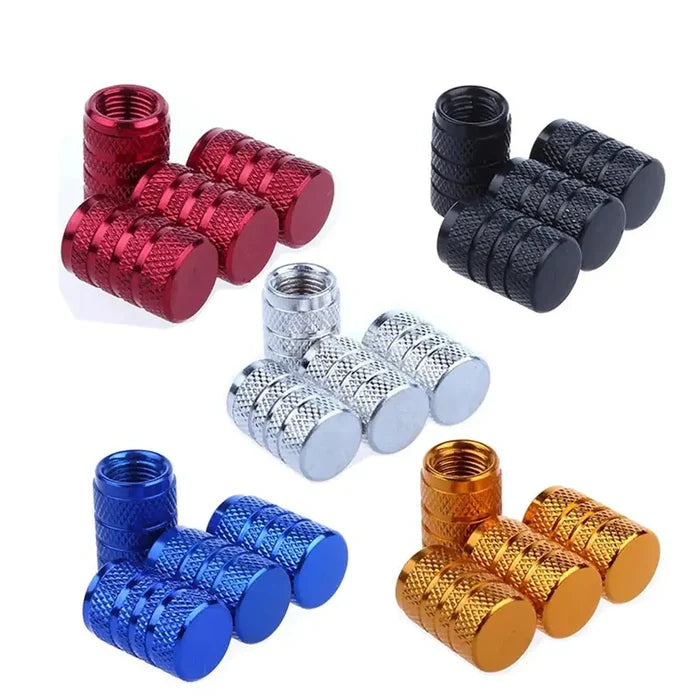 Set of four Habicare aluminium tire valve stem caps in various colors, designed for car tires and easy to install.