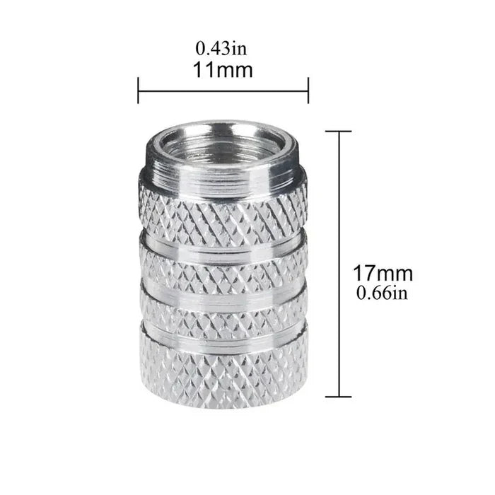Set of four Habicare aluminium tire valve stem caps in various colors, designed for automotive wheels and valve protection.
