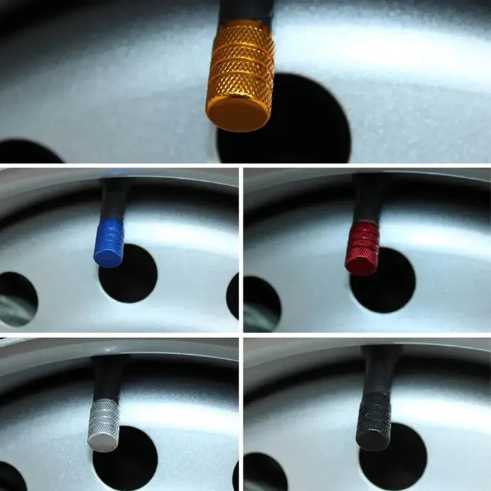 Set of four Habicare aluminium tire valve stem caps in various colors, durable and stylish for vehicle tire maintenance.
