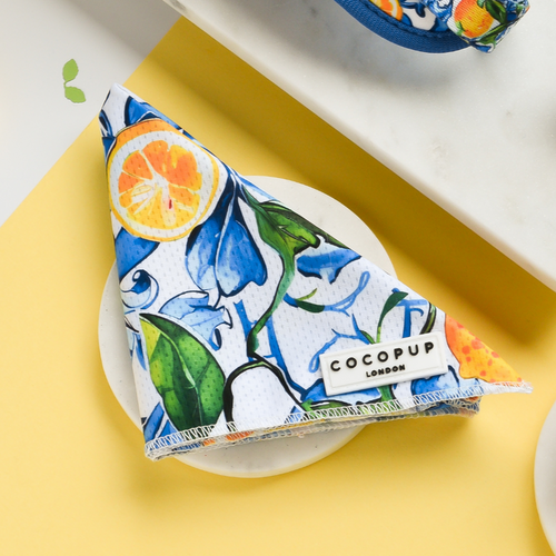 A triangle-shaped fabric bandana with a vibrant citrus and floral pattern is displayed on a marble surface. The label reads "Cocopup London." This Bandana - Amalfi Lemon, perfect as a stylish dog accessory, rests against a yellow background with another cloth item featuring a similar pattern.