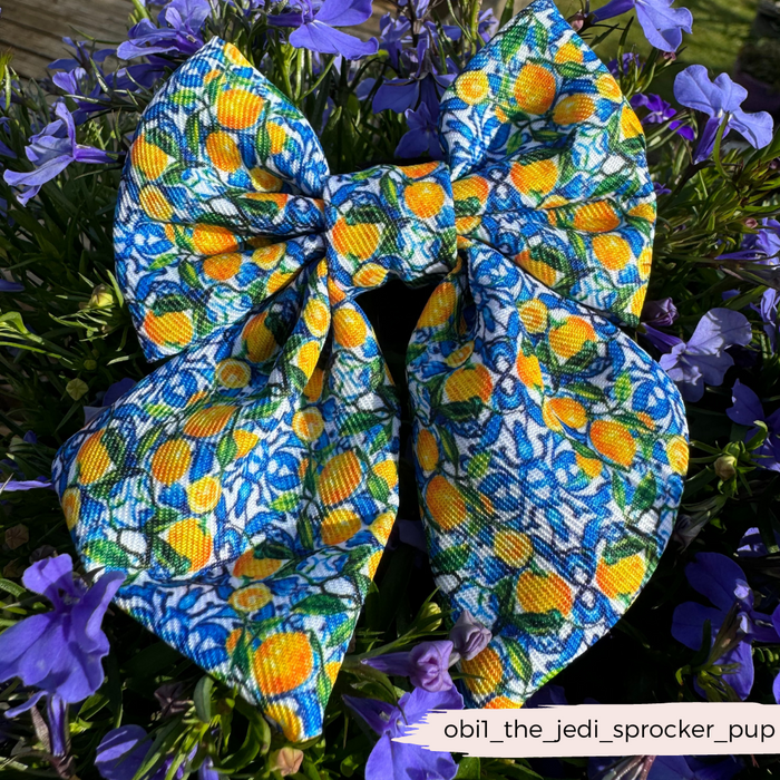 Blue and white Cocopup London sailor bow tie with yellow lemons and purple flowers.