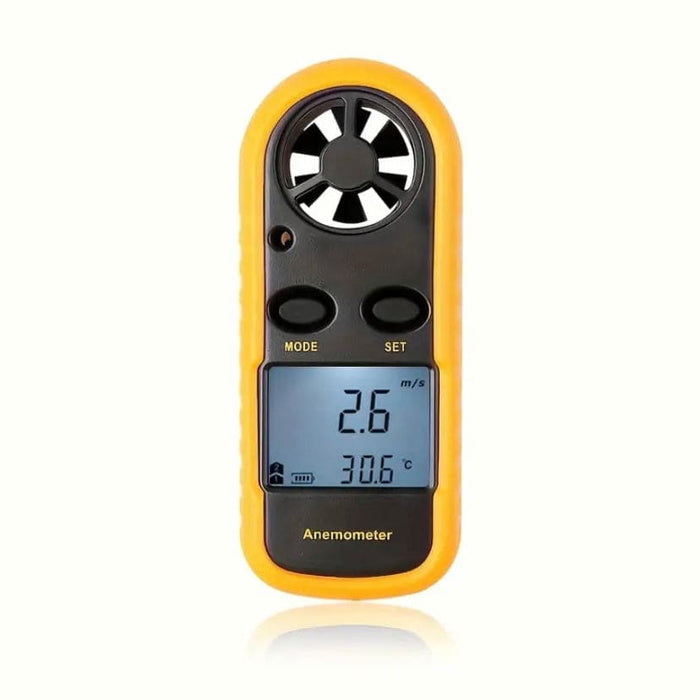 9eight5 anemometer measuring wind speed and air temperature with digital display, handheld tools for weather monitoring.