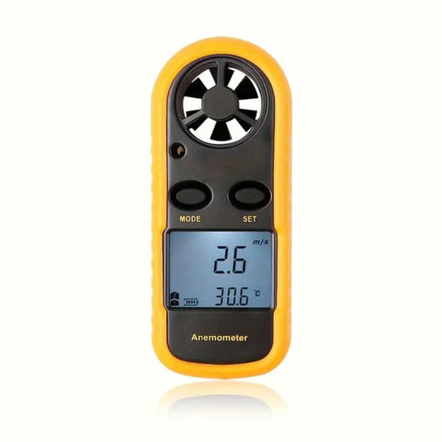 9eight5 anemometer measuring wind speed and air temperature with digital display, handheld tools for weather monitoring.