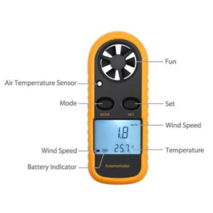 9eight5 anemometer measuring wind speed and air temperature, handheld tools and kits device with digital display.