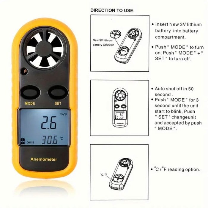 9eight5 anemometer measuring wind speed and air temperature, handheld tools and kits for weather monitoring and environmental assessment.