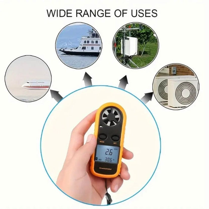 9eight5 anemometer wind speed and air temperature meter showing digital display and handheld design for measuring weather conditions.