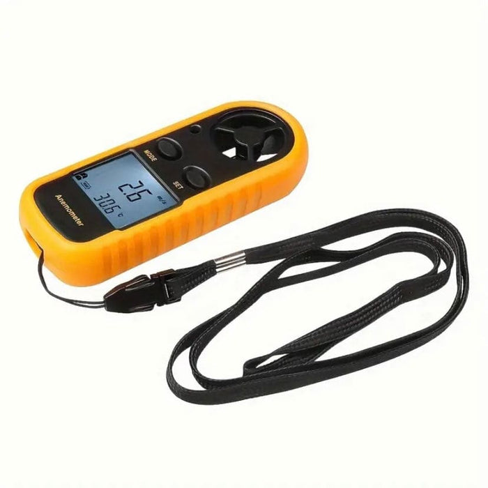 9eight5 anemometer measuring wind speed and air temperature with digital display, handheld tool for environmental monitoring.