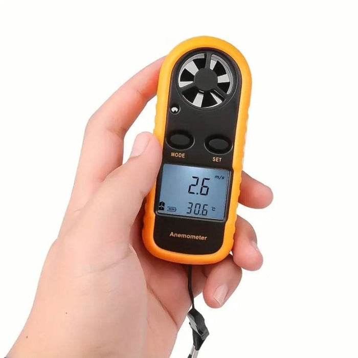 9eight5 anemometer measuring wind speed and air temperature with digital display, handheld tools and kits for weather monitoring.