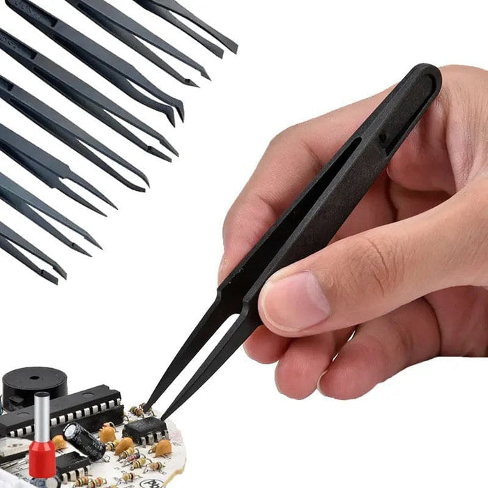 Set of 8 anti-static plastic tweezers for watch repair, featuring precision tips for safe handling of delicate components.