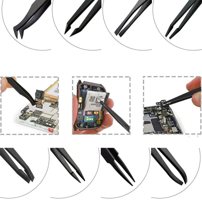 Set of 8 anti-static plastic watch repair tweezers, ideal for delicate watch work and electronics handling.