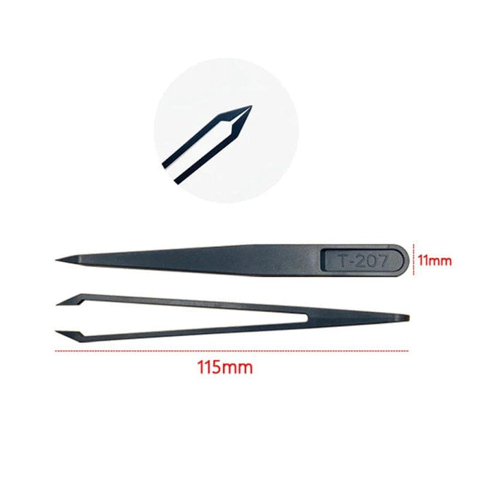 Set of 8 anti-static plastic watch tweezers from That Watch Shop, precision watch repair tools with non-conductive tips.