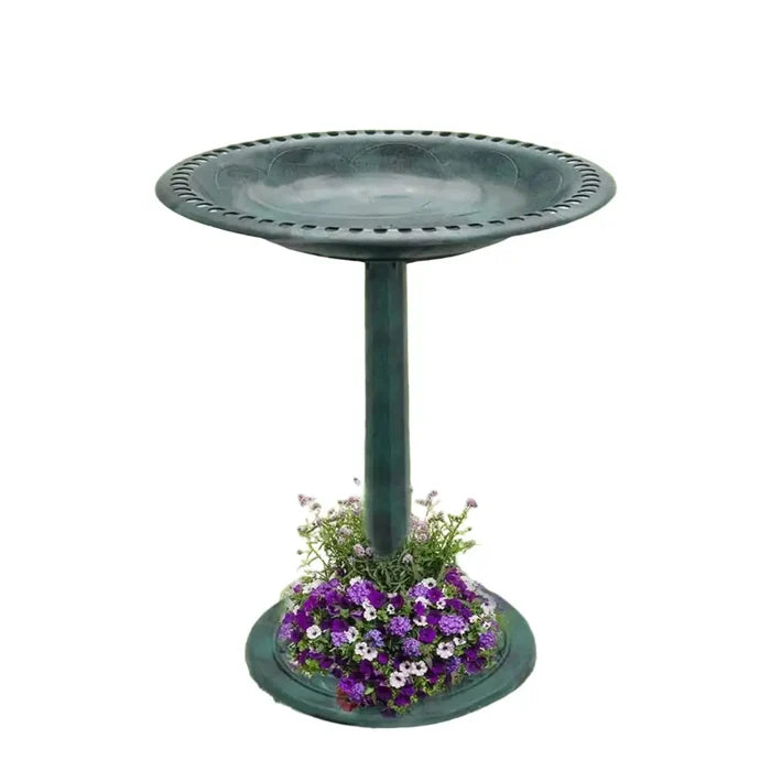 Antique-style Habicare bird bath in green and other colors, stainless steel construction, decorative outdoor garden accessory