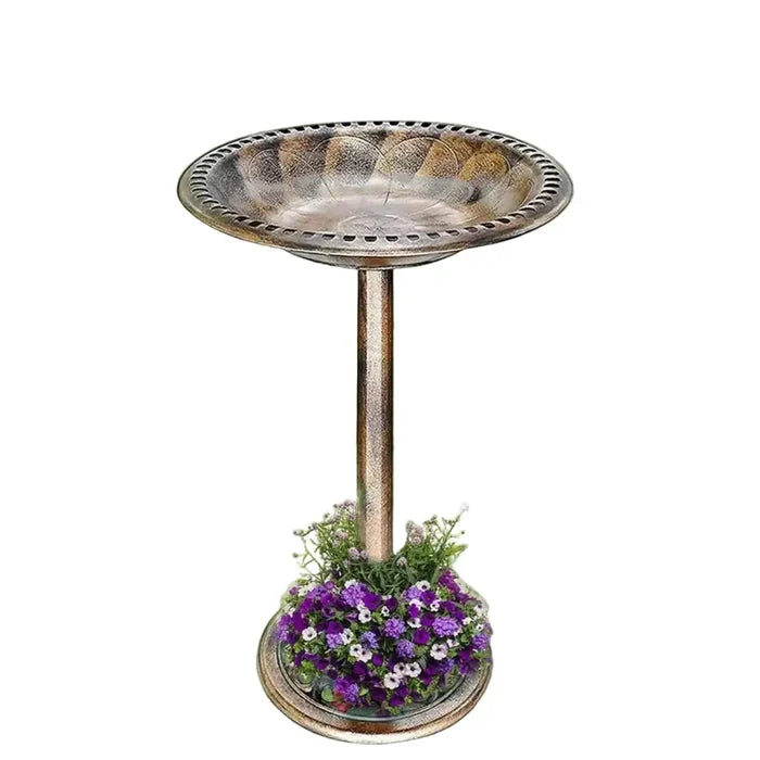 Elegant antique-style bird bath in gold finish, made of stainless steel by Habicare, designed for outdoor garden decor.