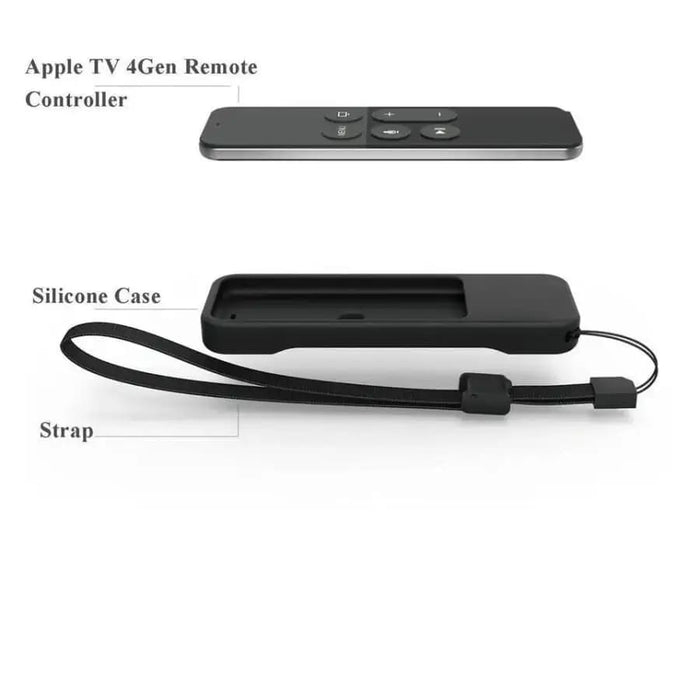 Black Apple TV 4th Gen remote cover by 9eight5, made of durable material, designed to protect and fit the Apple TV remote perfectly.