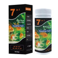Aquarium water quality test strips from 9eight5 showing color chart for testing 7 parameters in fish tank water.