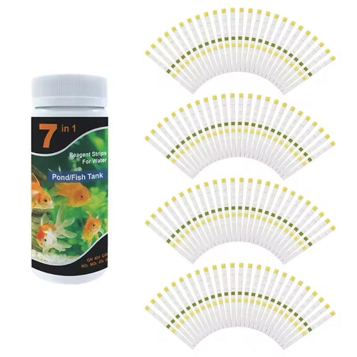 Aquarium water quality test strips by 9eight5 showing seven parameter indicators for freshwater and marine tanks.