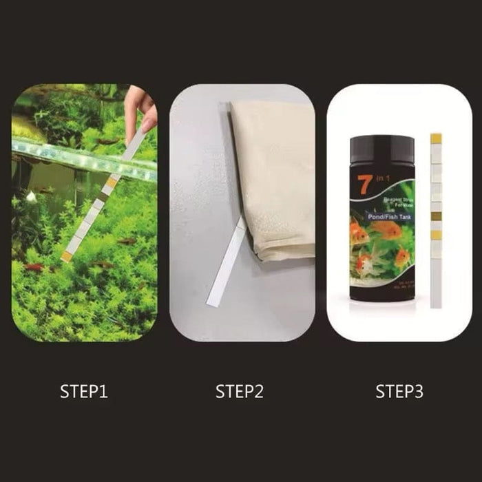 9eight5 aquarium water quality test strips for 7 parameters, used for quick testing of aquarium water conditions.