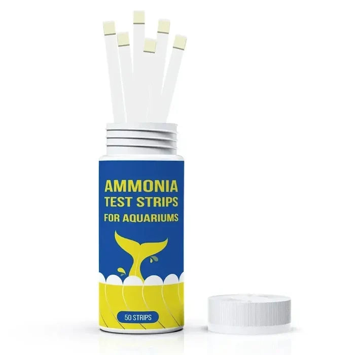 Habicare HBC aquarium water quality test strips for ammonia and nitrogen levels, shown in a close-up image.