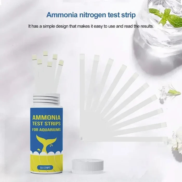 Habicare HBC Aquarium Water Quality Test Strips for ammonia and nitrogen testing, showing the test strips and color comparison chart.