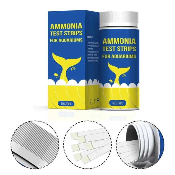 Habicare HBC aquarium water quality test strips for ammonia and nitrogen levels, showing multiple test pads on a white background.