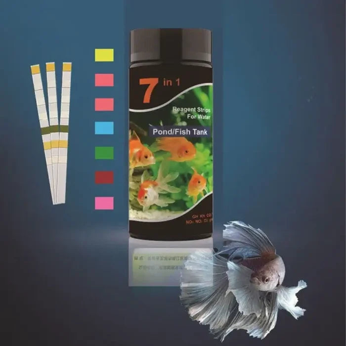 Habicare HBC aquarium water test strips with 50-100 pieces, 7-in-1 freshwater fish tank testing for pH, ammonia, nitrite, nitrate, and more.