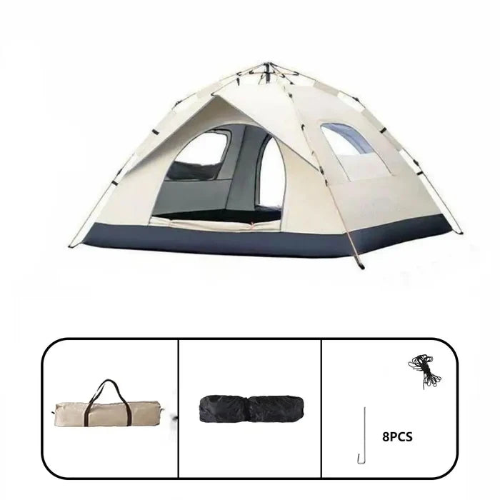 Habicare SS automatic quick-open camping tent set up outdoors, compact and portable with open doors and rainfly in view