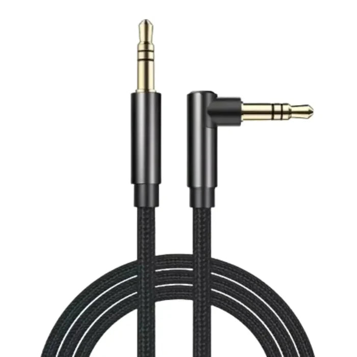 Habicare 9eight5 auxiliary car adapter cord connected to headphones and devices, showing a versatile audio extension cable.