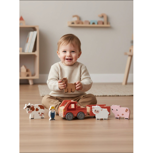 Baby Ganz 11 Inch Wooden Tractor Play Set for Babies and Toddlers - 7 Piece