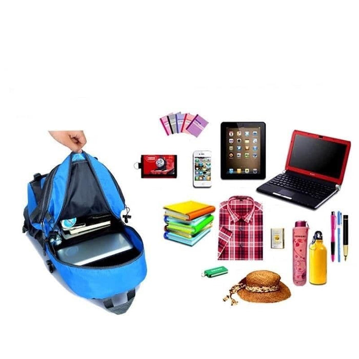 Blue and black 9eight5 backpack with multiple compartments and padded straps, designed for everyday use and comfort.