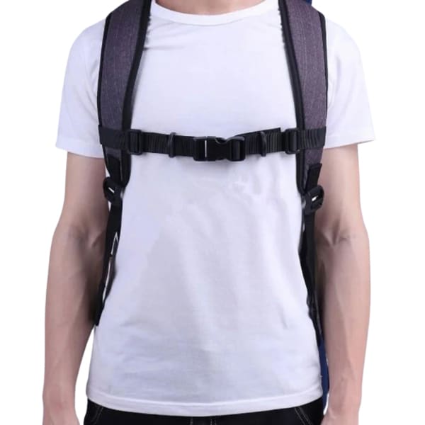 Black 9eight5 backpack chest strap attached to a backpack for secure, comfortable carry.