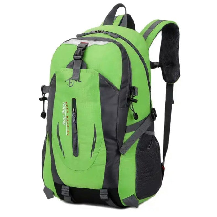 Green and black 9eight5 backpack with adjustable straps and multiple compartments, suitable for school or travel.