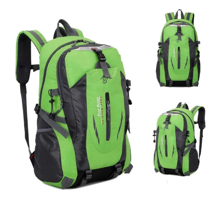 Green and black 9eight5 backpack with adjustable straps and multiple compartments, perfect for everyday use.