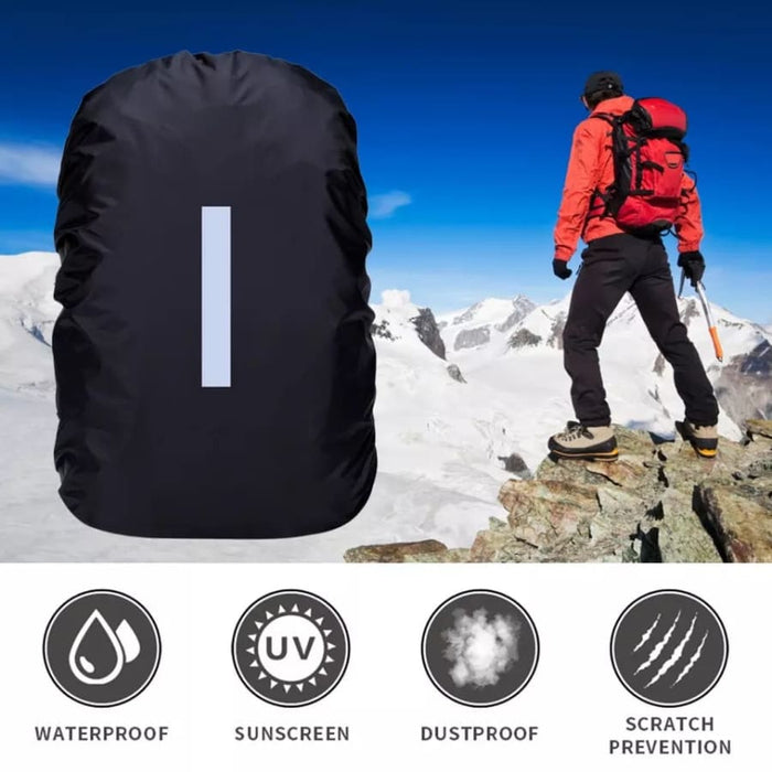 Black waterproof backpack cover by 9eight5 protecting a backpack from rain and moisture.