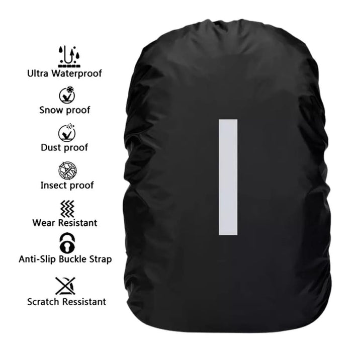 Black waterproof backpack cover by 9eight5, designed to protect backpacks from rain and moisture.