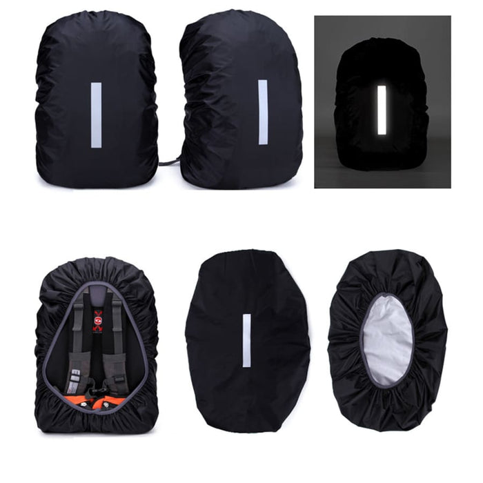 Black waterproof backpack cover by 9eight5 protecting a backpack from rain and moisture.