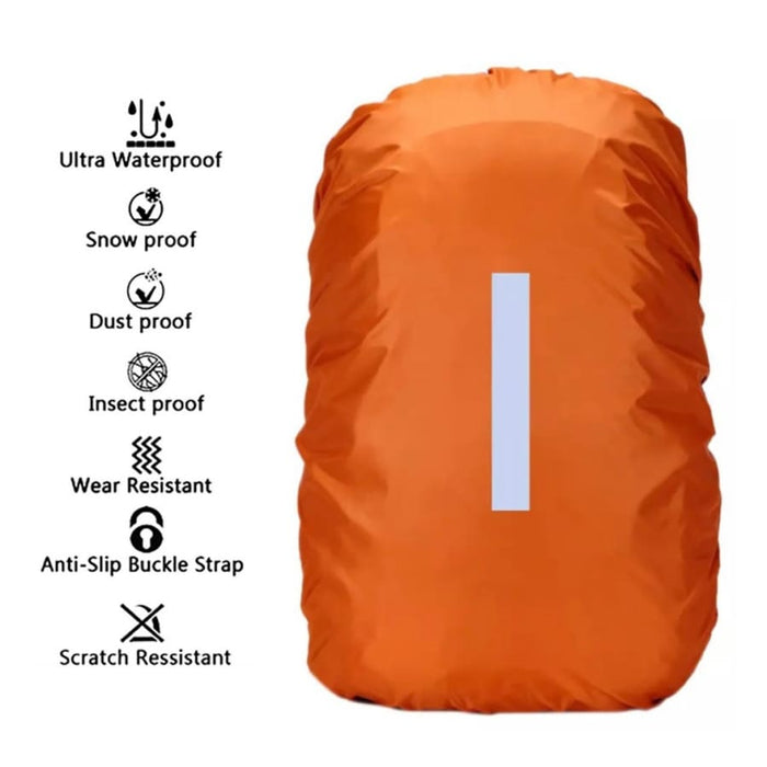 Orange waterproof backpack cover by 9eight5 protecting a backpack from rain and moisture.