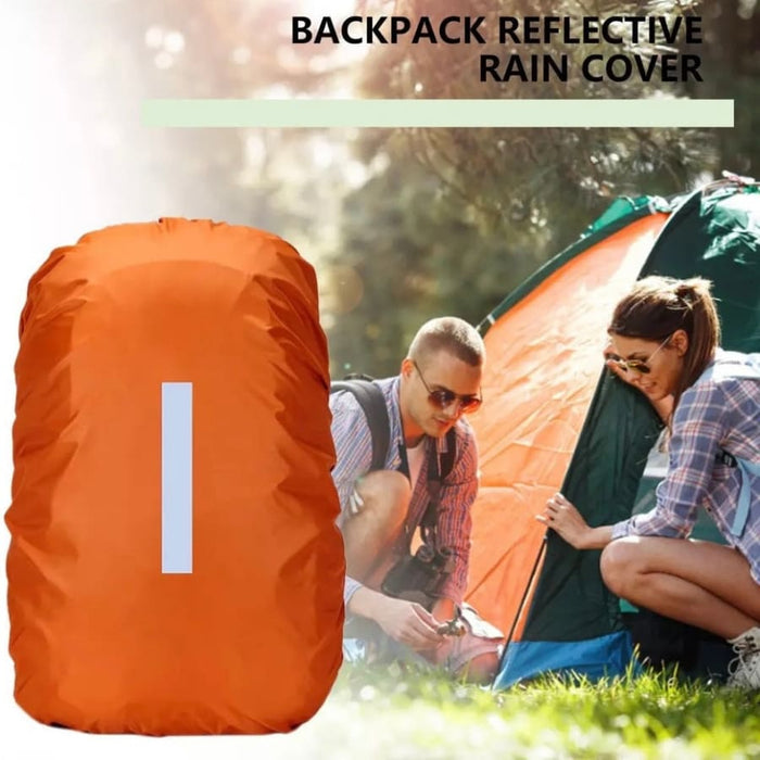Orange waterproof backpack cover by 9eight5 protecting a backpack from rain and moisture.