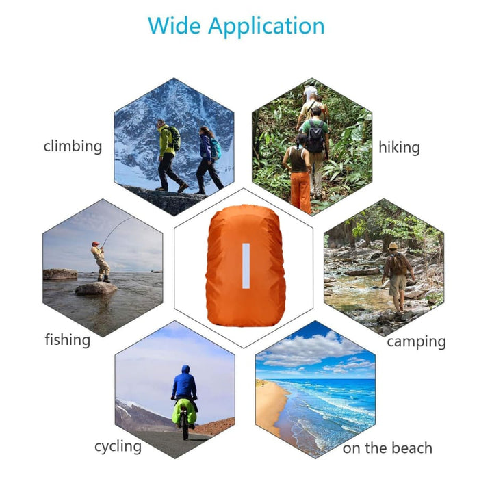 Orange waterproof backpack cover by 9eight5 protecting a backpack from rain and moisture.