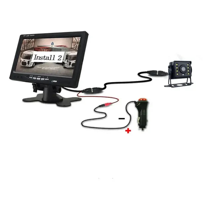 Habicare Backup Reverse Camera with 7-inch LCD monitor, easy install, compatible with 12V and 24V vehicles, CVBS output.