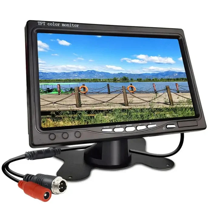 Habicare backup reverse camera with 7-inch LCD monitor, easy install, suitable for 12V and 24V vehicles, CVBS video output.