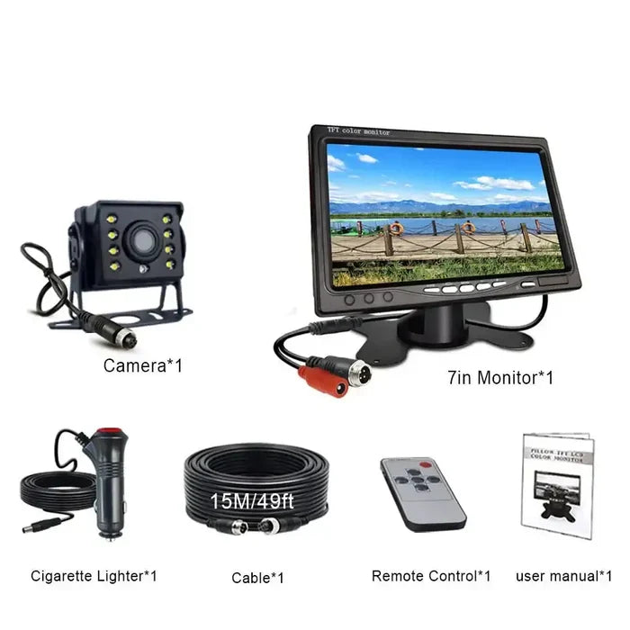 Habicare backup reverse camera with 7-inch LCD monitor, easy install, suitable for 12V/24V vehicles, CVBS display.