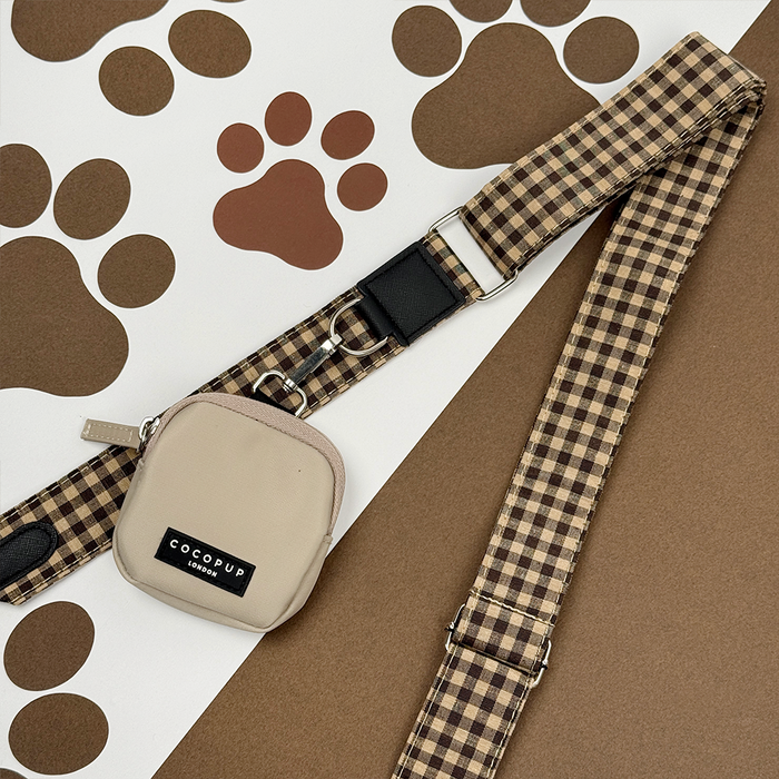 Cocopup London bag strap in Cotswold check pattern with muted tones and sturdy metal clips.